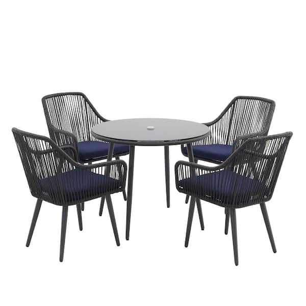 Freestyle 5-Piece Wicker Black Outdoor Dining Chair Set with Dining Table, Blue Cushions