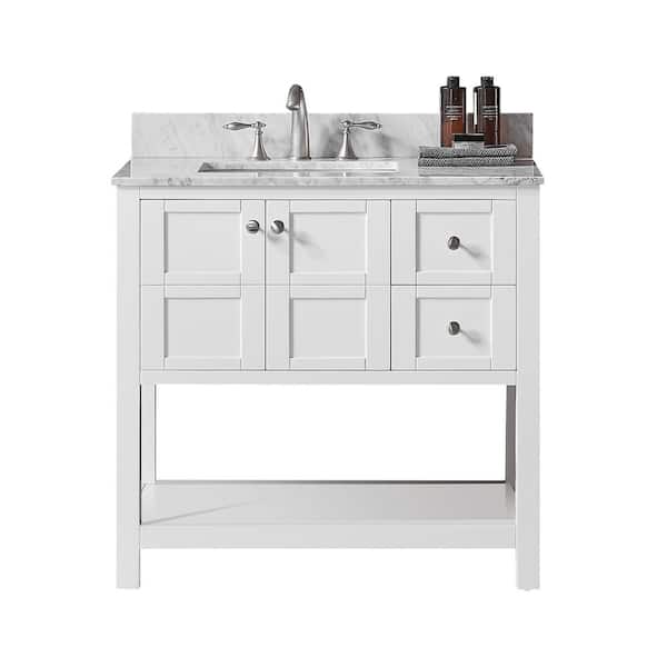 Exclusive Heritage Makena 36 in. W x 22 in. D x 34.2 in. H Bath Vanity in White with Carrara Marble Vanity Top in White with White Basin