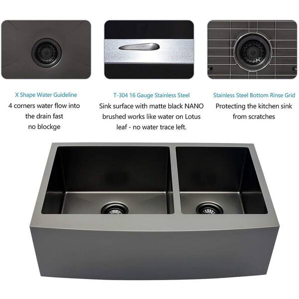 Zeek 33 Inch Farmhouse Gunmetal Black Double Bowl Stainless Steel Apron Front Kitchen Sink Workstation With Accessories 60/40 Bowl 16 Gauge Zeek 33 Inch Farmhouse Gunmetal Black Double Bowl Stainless Steel Apron Front Kitchen Sink Workstation With Accessories 60/40 Bowl 16 Gauge