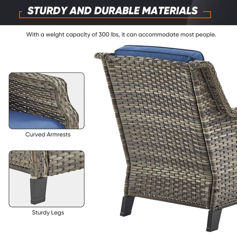 Gray Steel Wicker Lounge Chairs with Blue Cushions (2-Pack)