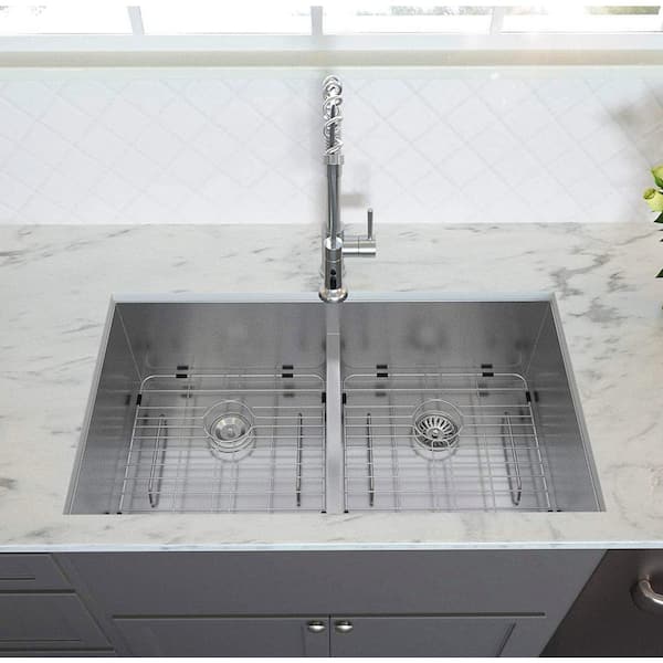 Magic Home 16-Gauge Stainless Steel 30 in. Low Divide Double Bowl 50/50 Ledge Workstation Undermount Kitchen Sink