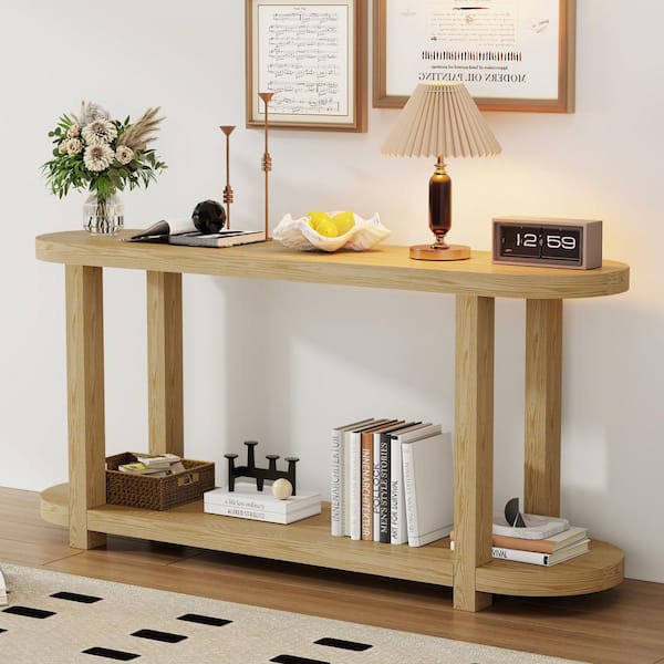 Harper & Bright Designs 63 in. Natural Oval Wood Console Table with Bottom Shelf