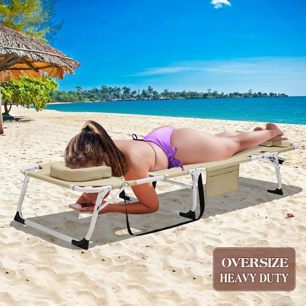 Face Down Tanning Chair w/ Face Arm Hole 5-Position Chaise Lounge Chair Beach Chair Metal Folding Camping Cot, Beige