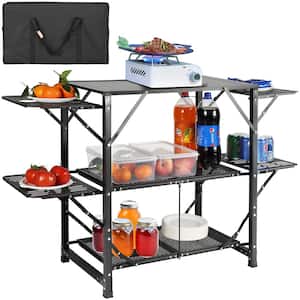 Camping Kitchen Table with 4 Iron Side, 2 Shelves & Carrying Bag Aluminum Folding Portable Outdoor Cook Station