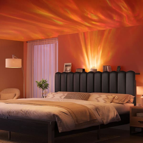 Modern King Metal and Wood Upholstered Headboard with Projector Light, Charging Station and Height Adjustment, PU Black