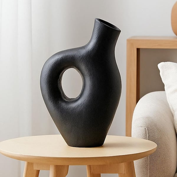 12 in. Decorative Metal Abstract Vessel Vase in Black