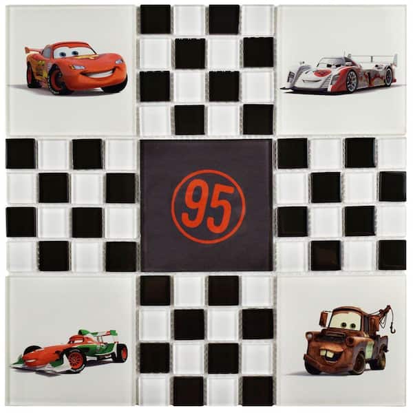 Disney Cars Black and White 11-3/4 in. x 11-3/4 in. x 5 mm Glass Mosaic Tile
