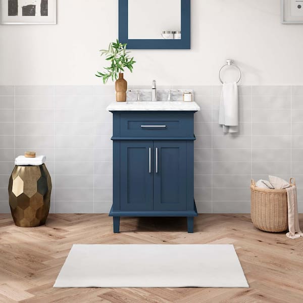 Home Decorators Collection Sonoma 24 in. Single Sink Freestanding Midnight Blue Bath Vanity with Carrara Marble Top (Assembled)