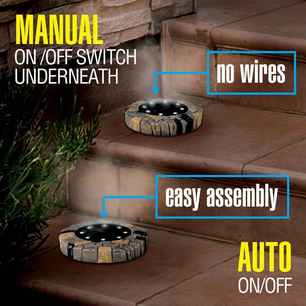 Stone Dark Gray Solar Powered LED Pathway Disk Lights, Set of 4