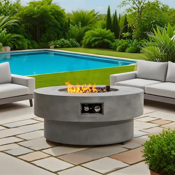 34-inch Round Propane Fire Pit Table, 50,000BTU Outdoor Firepit Table w/Round Burner Lid, Glass Rocks, Cover