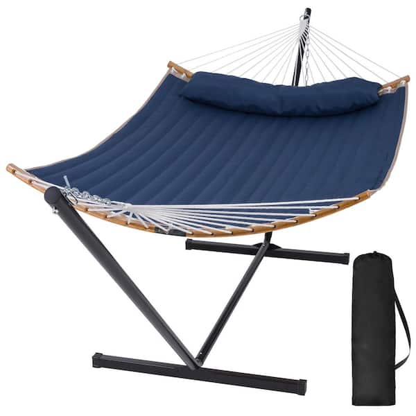 Atesun 12 ft. Outdoor Portable Hammock Bed with Curved Spreader Bar, Extra Large Pillow in Dark Blue