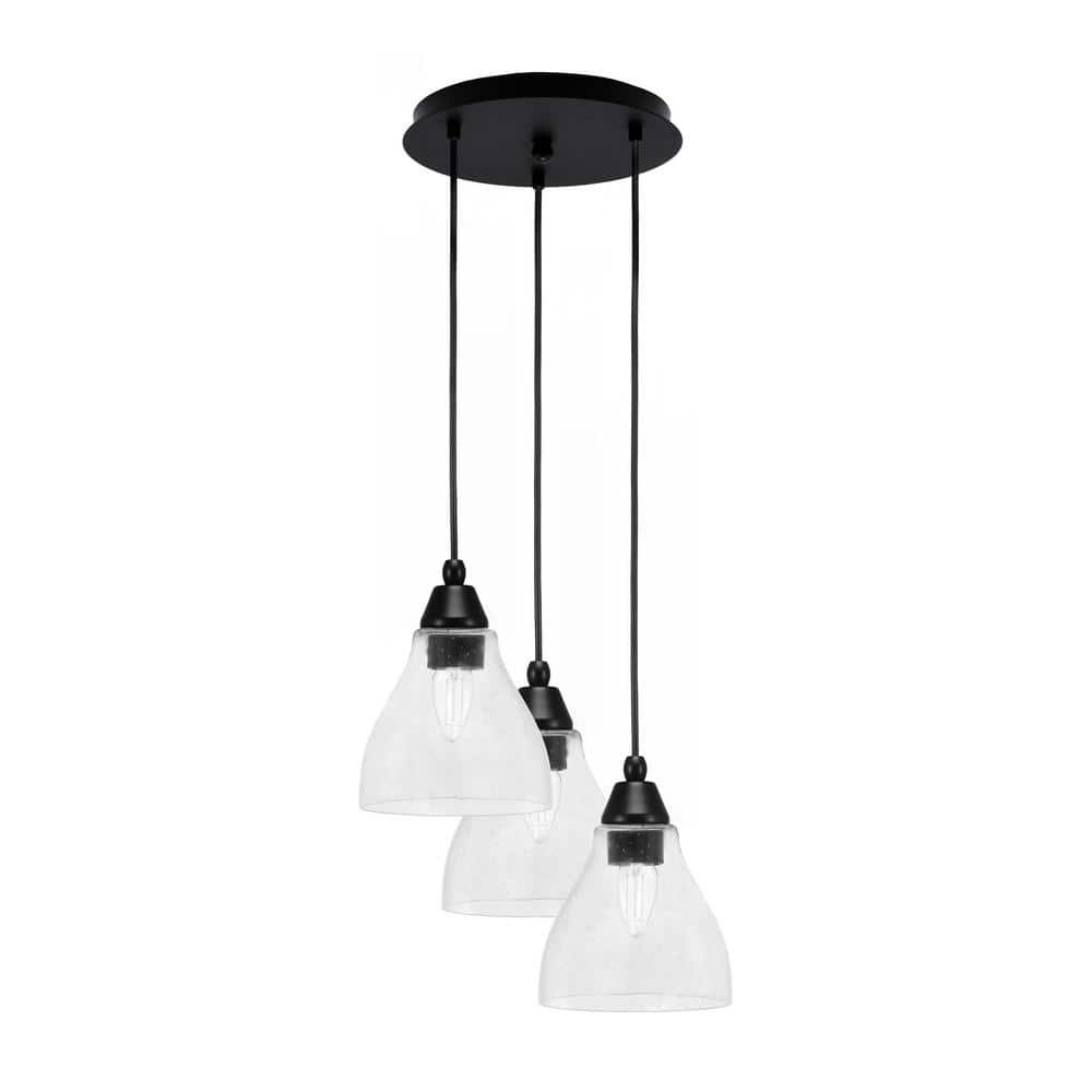 Savannah 9.75 in. 3-Light Matte Black Cord Pendant Light Clear Bubble Glass