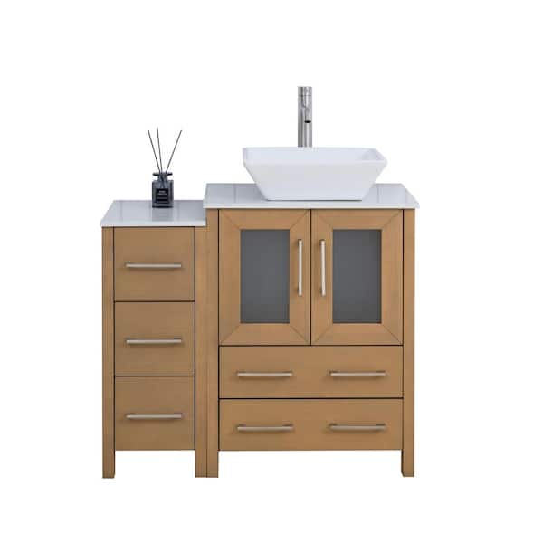 Vanity Art 36 in. W Single Basin Natural Oak Bath Vanity with White Engineered Marble Top and Mirror
