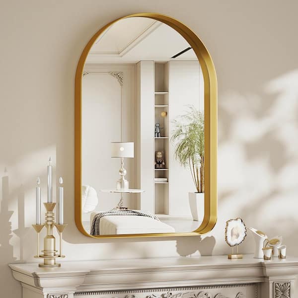 GLSLAND 26 in. W x 38 in. H Arch Metal Deep Framed Wall Bathroom Vanity Mirror Gold