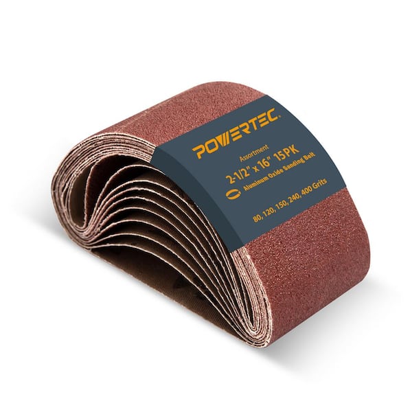 ‎POWERTEC 2-1/2 in. x 16 in. Aluminum Oxide Sanding Belts Assortment, 3 Each of 80,120,150,240,400 Grits (15-Pack)