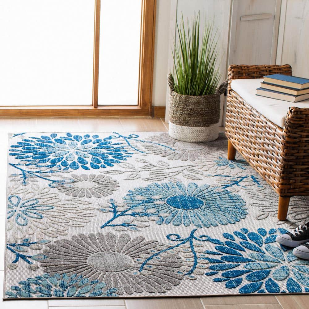Grey/Blue Floral Easy-Care Square Synthetic Area Rug