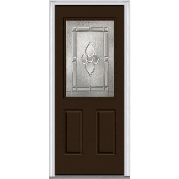 MMI Door 32 in. x 80 in. Master Nouveau Left-Hand Inswing 1/2-Lite Decorative 2-Panel Painted Steel Prehung Front Door