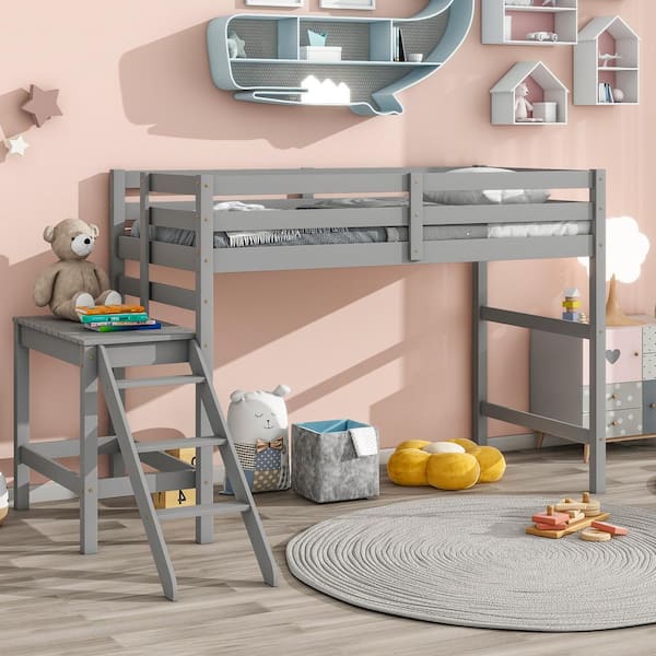 Harper & Bright Designs Gray Wood Frame Twin Size Low Loft Bed with Platform and Sloping Ladder