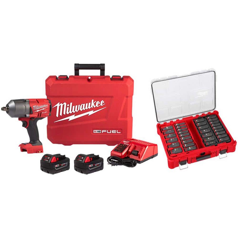 Milwaukee M18 FUEL 18V Lithium-Ion Brushless Cordless 1/2 in. High-Torque  Impact Wrench FR Kit w/PO SAE Metric Socket Set 31-Piece  2767-22R-49-66-6806 The Home Depot