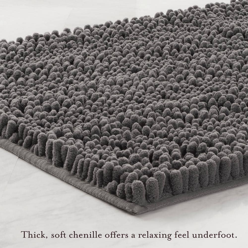 Dark Gray Chenille Non-Slip Bath Mat with Rubber Backing