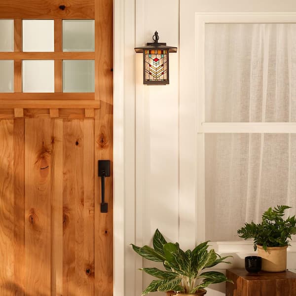 McClain 1-Light Balck Outdoor Hardwired Stained Glass Wall Lantern Sconce