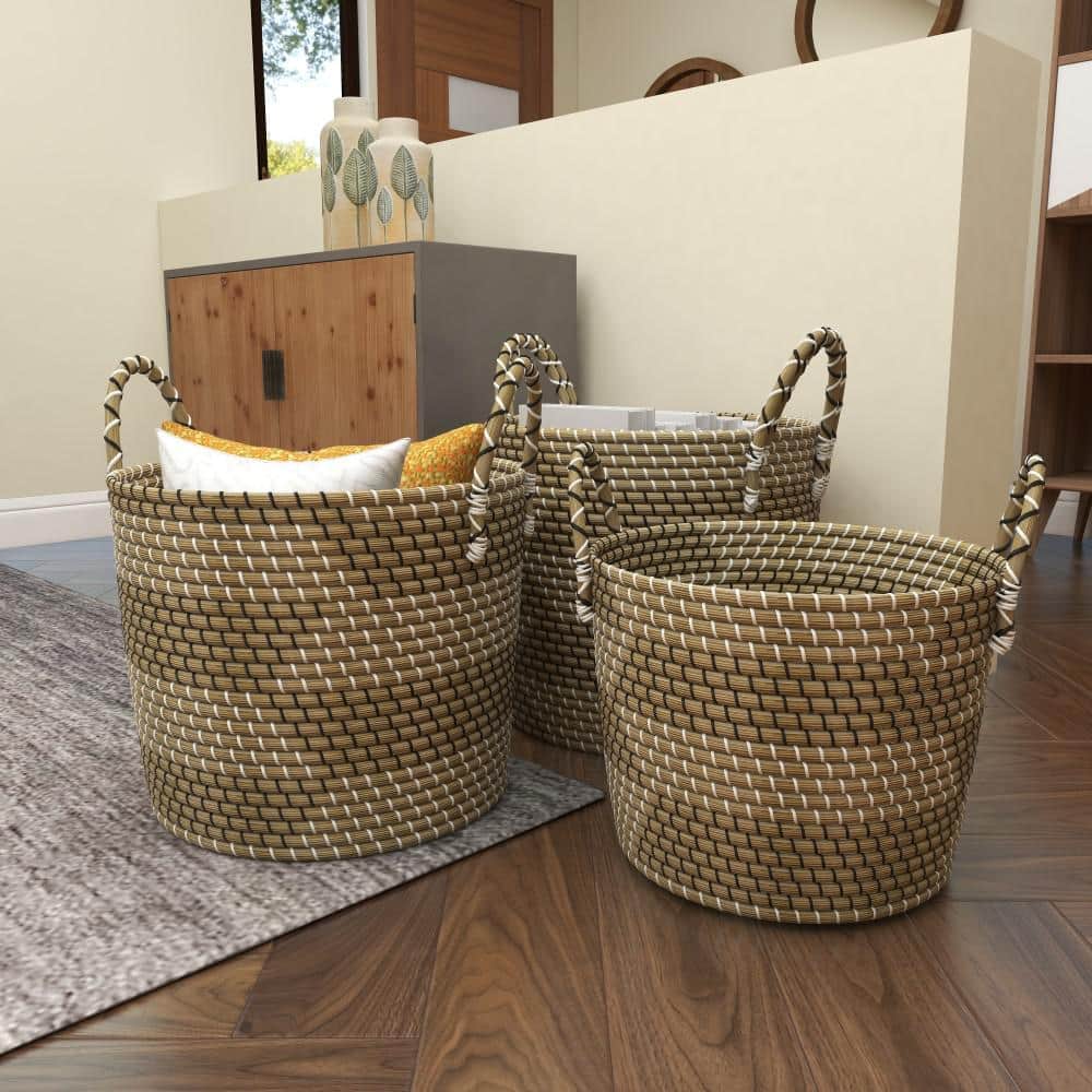 Beige and Black Seagrass Round Storage Baskets, Set of 3
