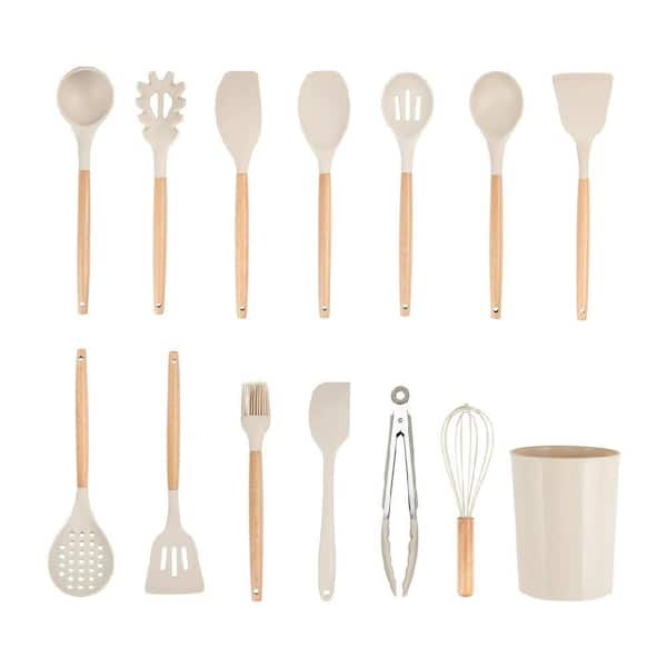 14-Piece Kitchen Cooking Tools Utensil Set with Caddy, Wooden Handle, Nonstick Silicone and Heat-Resistant, Beige