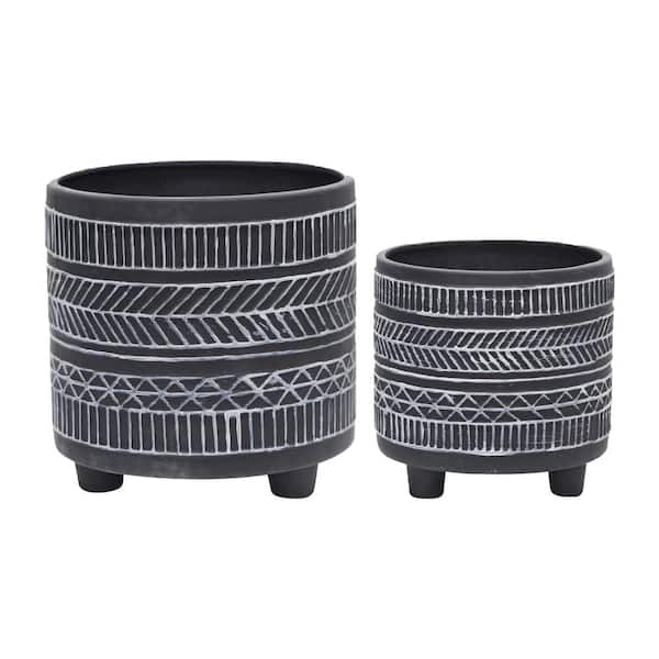 8 in. x 8 in. Black Ceramic Tribal Look Footed Decorative Pots (Set of 2)