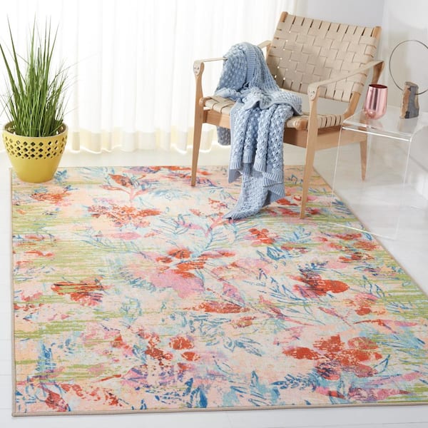 Paint Brush Blue/Blush Pink Doormat 3 ft. x 5 ft. Machine Washable Floral Leaf Area Rug