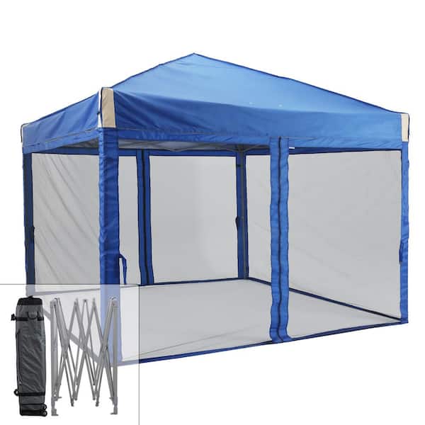 Aoodor 10 ft. x 10 ft. Pop Up Canopy Tent with Removable Mesh Sidewall,with Roller Bag-Blue
