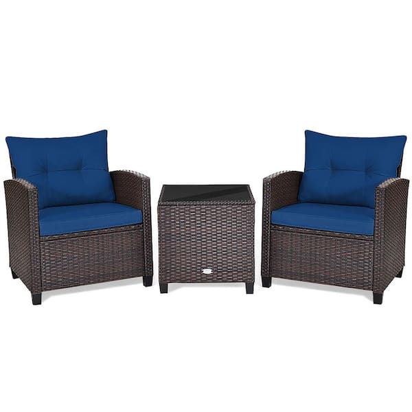 3PCS Outdoor Patio Rattan Conversation Set Garden Yard w/Navy Cushions