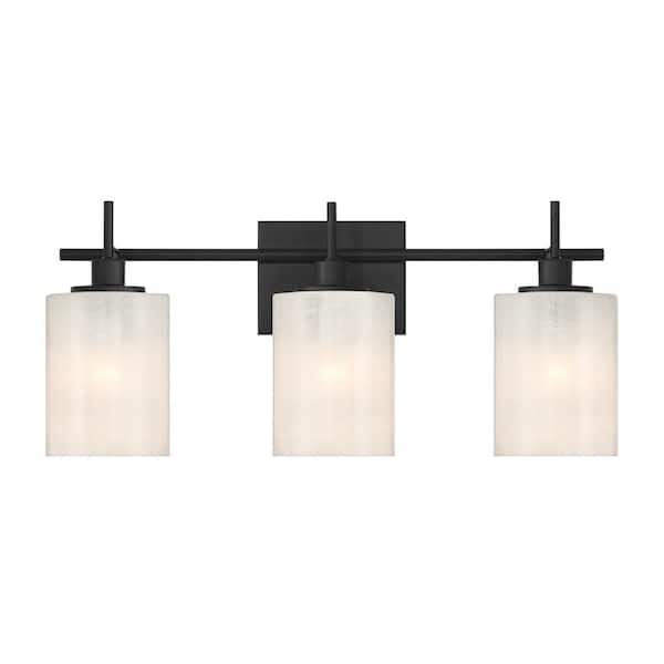 22 in. W x 9.75 in. H 3-Light Matte Black Modern Bathroom Vanity Light with White Strie Glass Shades