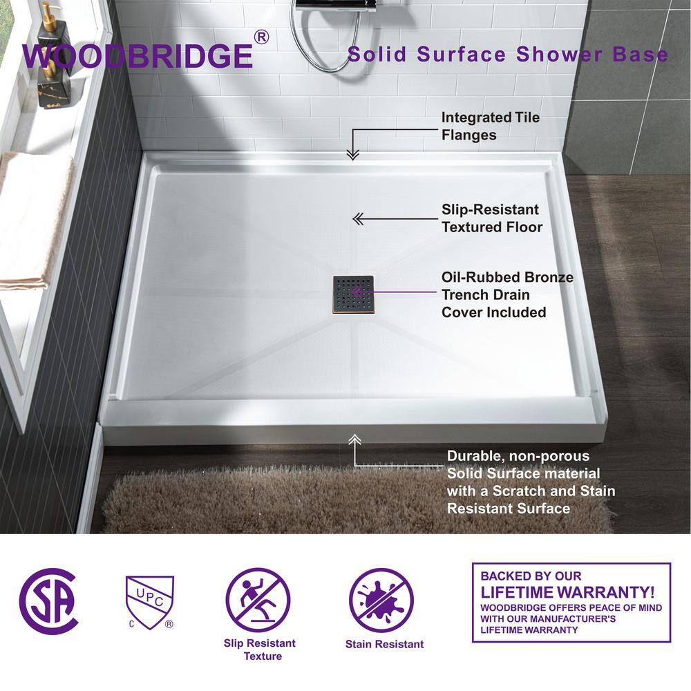 36" White Solid Surface Square Shower Pan Base with Oil-Rubbed Bronze Drain Cover