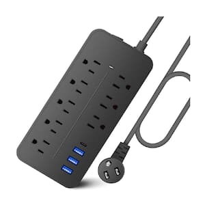 8-Outlet Surge Protector Power Strip w/3 USB-A Ports and 1 USB-C Port, Flat Plug and Long Cord for Home and Office Black