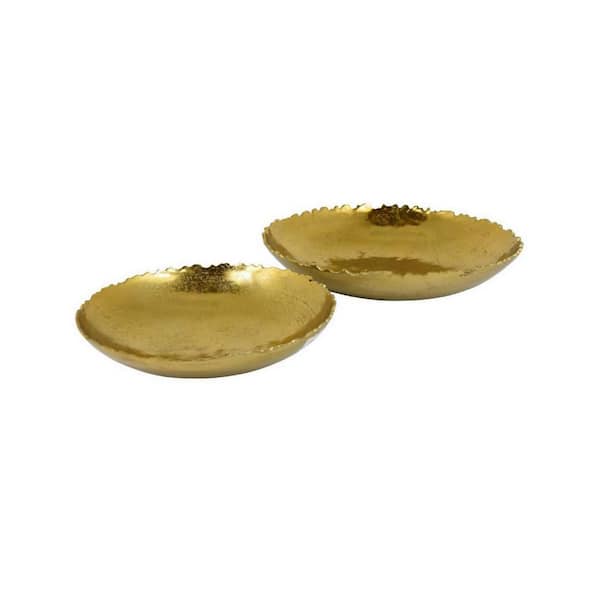 Benjara Kim Glossy Gold Metal Decorative Bowls with Smooth Carved Edges Set of 2