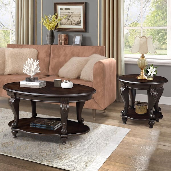 Retro 22 in. Espresso Round Wood End Table for Living Room, 2-Tier Solid Wood Sofa Side Table with Open Storage Shelf