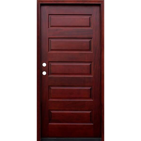 Pacific Entries 36 in. x 80 in. Contemporary 5-Panel Stained Wood Mahogany Prehung Front Door with 6 Wall Series