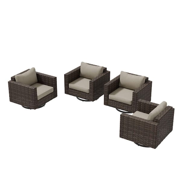 Patio Brown Swivel Wicker Outdoor Rocking Chair with Beige Cushions (4-Pack)