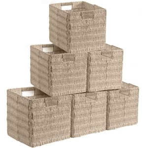 Beige, 10.5 in. x 10.5 in. Paper Wicker Storage Decorative Baskets with Handles, Set of 6