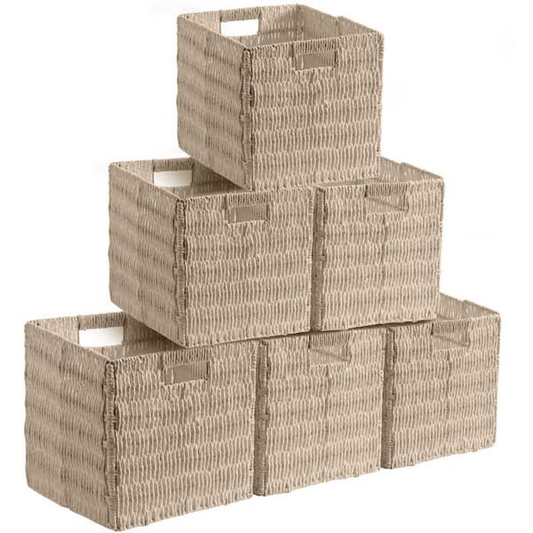 Ornavo Home Beige, 10.5 in. x 10.5 in. Paper Wicker Storage Decorative Baskets with Handles, Set of 6