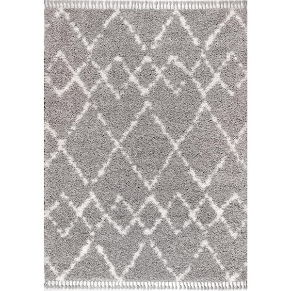 Mercer Shag Plush Tassel Moroccan Tribal Geometric Trellis Grey/Cream 5 ft. x 8 ft. Area Rug