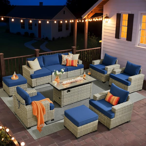 XIZZI Taylor 10-Piece Wicker Patio Rectangular Fire Pit Set with Navy Blue Cushions