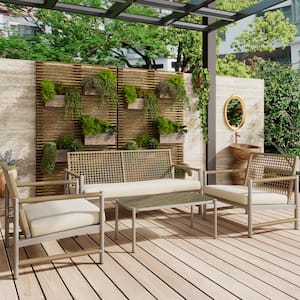 4-Piece PE Wicker Outdoor Patio Conversation Furniture Set with Washable White Cushions and Tempered Glass Tabletop