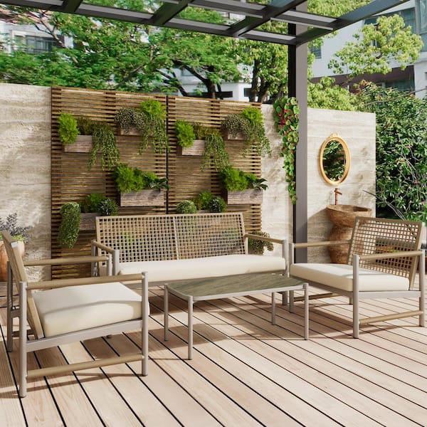 Unbranded 4-Piece PE Wicker Outdoor Patio Conversation Furniture Set with Washable White Cushions and Tempered Glass Tabletop