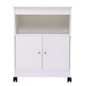 White MDF Rolling Kitchen Microwave Cart with 2-Door Cabinet and Open Shelves