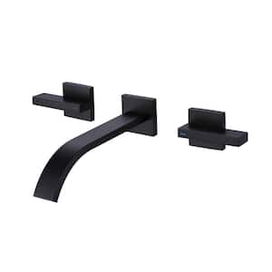 Double Handle Waterfall Wall Mounted Bathroom Faucet Brass 3 Hole Bathroom Sink Faucet with Valve in Matte Black