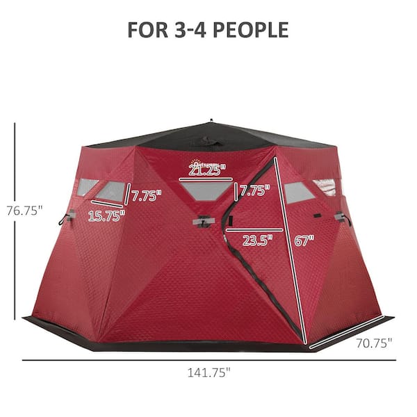 Outsunny 4 Person Insulated Ice Fishing Shelter 360-Degree View, Pop-Up Portable Ice Fishing Tent with Carry Bag, Two Doors and Anchors, Red