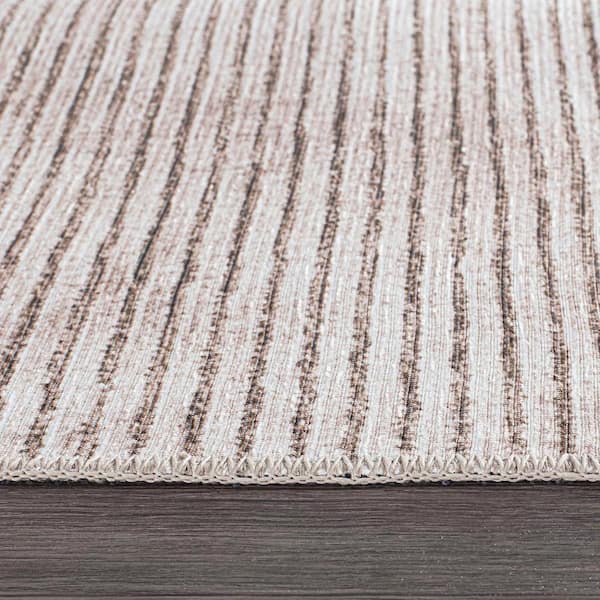 Contemporary Distressed Stripe Machine Washable 2'6"x10' Beige Runner Rug