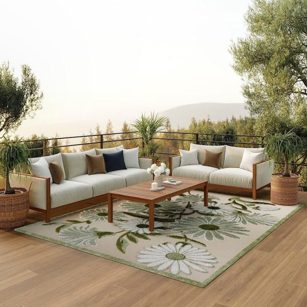 Aloha Ivory Green 12 ft. x 15 ft. Botanical Contemporary Indoor/Outdoor Area Rug