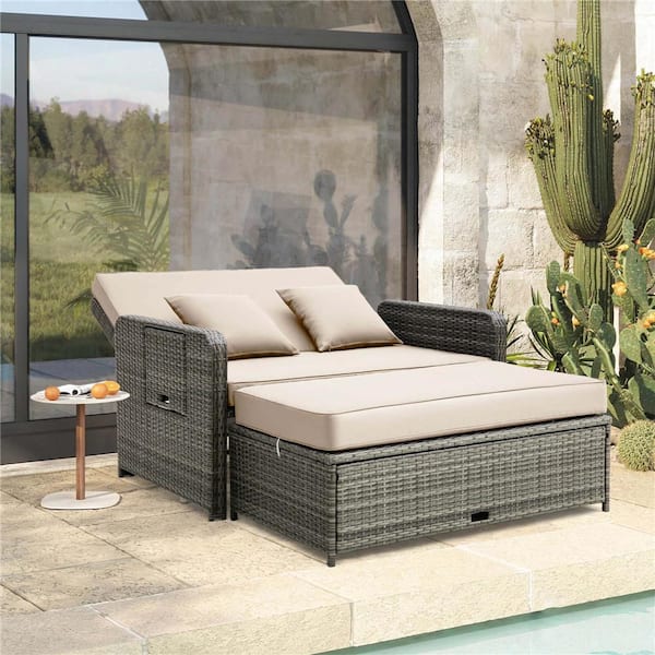 2-Piece Wicker Outdoor Day Bed Set Loveseat Sofa with Ottoman and Retractable Side Tray and Brown Cushions